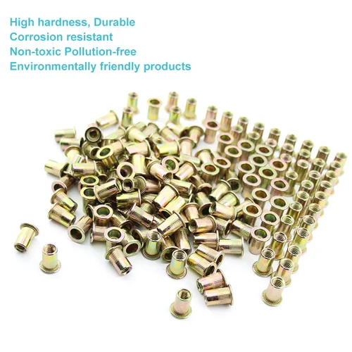 Vista 4 de 100 tuercas remachadoras de 1/4 "-20 UNC, acero al carbono, cabeza plana moleteada, cuerpo moleteado, tuercas de inserción roscadas (1/4-20 remaches)