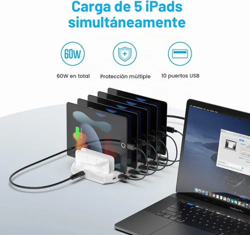 Vista 8 de Unitek Estación de carga de 10 puertos, organizador de cargador USB para múltiples dispositivos Multi Charging Dock Smart IC Tech Adjustable