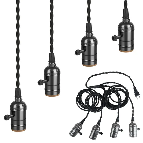 Vista 12 de Kit de luz colgante vintage enchufable con portalámparas colgantes E26/E27 de 1 a 3, luz colgante industrial con interruptores rotativos Negro