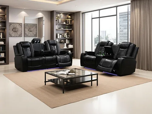 Vista 108 de Juego de sofá reclinable eléctrico, seccional de cuero transpirable beige, juego de muebles de sala de estar, 2 piezas, sofá reclinable eléctrico