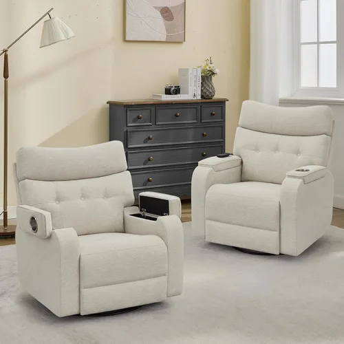 Vista 12 de Rocker - Silla reclinable para cuarto de bebé, mecedora giratoria con calor y masaje, para sala de estar, color gris claro Cuero Gris Claro