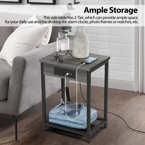 Vista 4 de Mesita de noche con estación de carga, mesa auxiliar para dormitorio con puertos USB y tomacorrientes, soporte moderno para tocadiscos, mesa