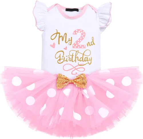 Vista 9 de IMEKIS Conjunto de mameluco para bebé niña de primer y tercer cumpleaños + falda tutú de lunares + diadema para niños pequeños sesión de fotos