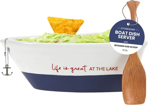 Vista 9 de Pavilion - La vida es genial en la playa - Servidor de plato de barco de gres de 12 onzas con cuchara de remo de madera