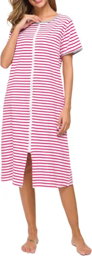 Vista 2 de Camisones de manga corta con cremallera frontal para mujer, batas de algodón de longitud completa, abrigo suelto con bolsillos, S-XXL