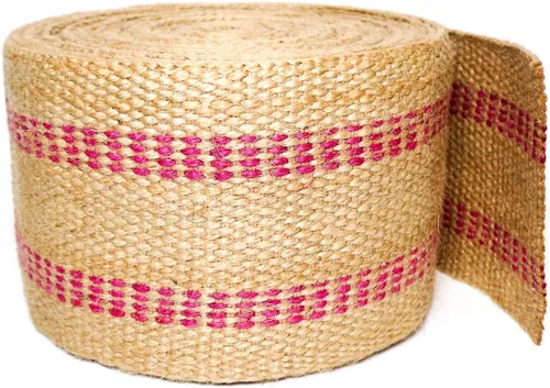 Vista 3 de Tapicería/Cinta de yute artesanal (arpillera) 3.5 pulgadas X 10 yardas, natural con rayas rojas