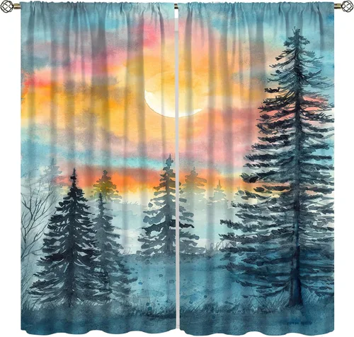 Vista 9 de Cortinas de bosque, árboles altos rectos, encantadores paisajes con temática de la naturaleza, cortinas opacas decorativas, para dormitorio, sala