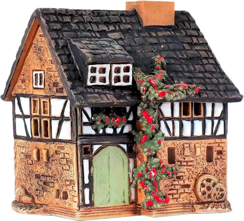 Vista 5 de Portavelas de cerámica Art Tealight Decoración de habitación Hecho a mano Coleccionable Casa de luz en miniatura Casa antigua en Lauterbach, Hessen