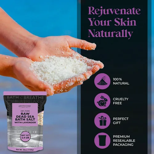 Vista 5 de Aromasong Sal pura cruda del mar muerto para remojar con lavanda 100% natural, 2.43 libras, sal de baño de spa de grano fino, exfoliante de lavado