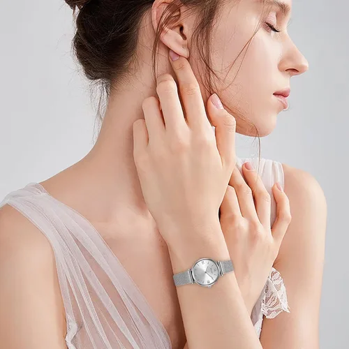 Vista 4 de Relojes de pulsera para mujer, moda simple, reloj de cuarzo para mujer, correa de malla con correa de malla analógica, regalo para el día