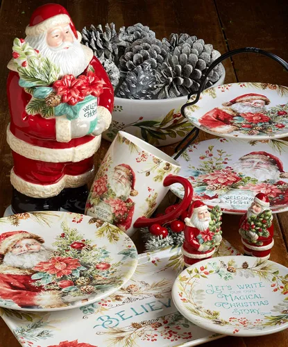Vista 6 de Christmas Story - Juego de vajilla de 16 piezas, servicio para 4 con platos, cuencos y tazas de Papá Noel, juego de cerámica vintage con arte
