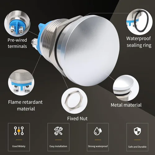 Vista 5 de STARELO Interruptor de botón momentáneo de 0.79 pulgadas, cabeza de hongo de metal de acero inoxidable IP65, resistente al agua, 2 pines, SPST, 1NO