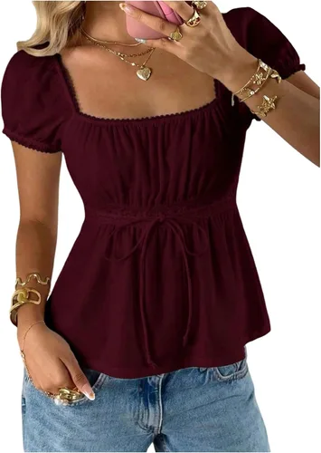 Vista 9 de SOLY HUX Blusa de verano de manga corta para mujer Blanco sólido