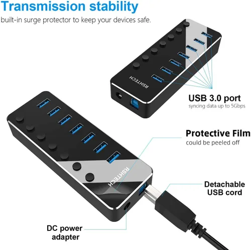 Vista 5 de RSHTECH Hub USB 3.0, expansor de concentrador USB de 7 puertos alimentado de aluminio con adaptador universal de CA de 5 V e interruptores