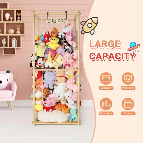 Vista 6 de Estante organizador grande de peluche de 63 pulgadas para niños, estante organizador de almacenamiento de felpa de madera con cordón elástico
