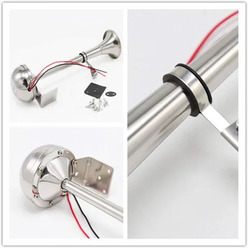Vista 7 de cuerno eléctrico del coche 12V 165DB de un solo tubo 304 cuerno de acero inoxidable corneta bocina de barco eléctrico marino solo trompeta altavoz
