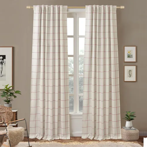 Vista 28 de DriftAway 2 paneles cortinas de lino a cuadros 100% opacas de doble capa cortinas para dormitorio de 96 pulgadas de largo estilo granja con Gris