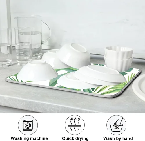 Vista 7 de Tapete de secado de platos con hojas de palma tropical para encimera de cocina, hoja verde de Monstera absorbente de microfibra, almohadilla