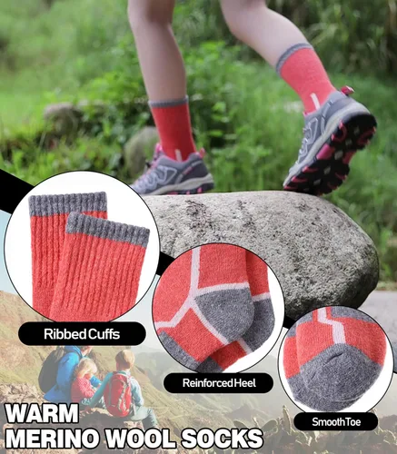 Vista 2 de LINEMIN Calcetines de senderismo de lana merino para niños y niñas, cálidos, gruesos, térmicos, acolchados, para invierno, 6 pares