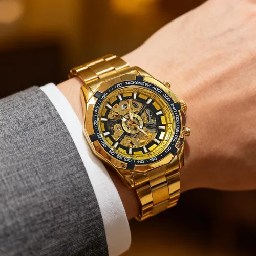 Vista 15 de Gute Relojes para hombre, esqueleto mecánico, de acero inoxidable, impermeable, automático, reloj de pulsera steampunk con esfera X de lujo