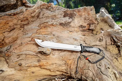 Vista 9 de Cat Machete recto con sierra, 19 pulgadas, funda de correa para el hombro, cuchillo de hoja de acero inoxidable con mango ergonómico de herramienta