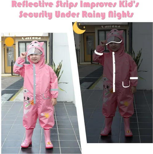 Vista 4 de SSAWcasa Toddler Rain Suit, Muddy Play Buddies Kids One Piece Hoodie Rain Jacket Coat Poncho Gear Coverall Baby Girl Boy