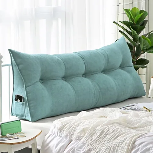Vista 8 de Almohada triangular de lectura para reposo en cama, cojín grande para cabecero, respaldo largo, almohada de cuña con funda extraíble y dos bolsillos