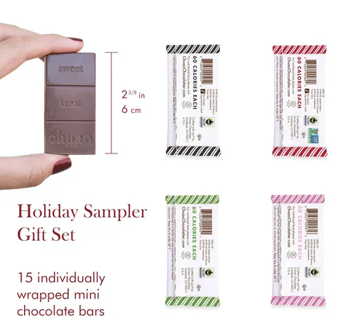 Vista 3 de Chuao Chocolatier Caja de regalo de muestra navideña, minibarras gourmet de chocolate negro y con leche, sin conservantes, para cestas de regalo