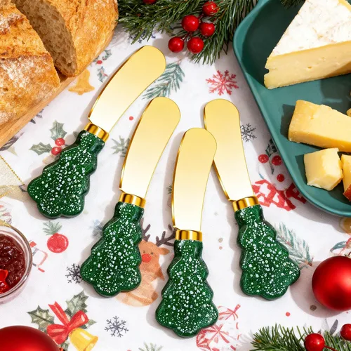 Vista 6 de Juego de cuchillos esparcidores de árbol de Navidad, cuchillos de mantequilla de acero inoxidable dorado, utensilios de servir para mermelada