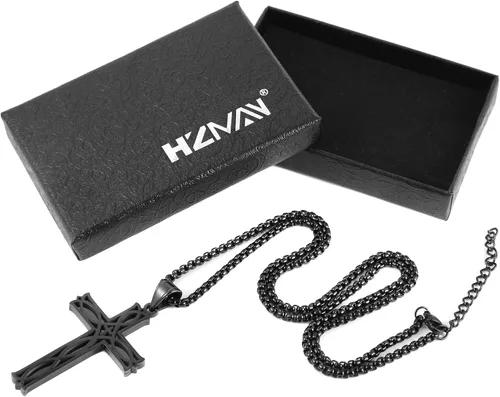 Vista 5 de HZMAN Collar con colgante de cruz celta infinita para hombre, de acero inoxidable, con nudo irlandés, cadena de eslabones de 22 + 2 pulgadas, Acero