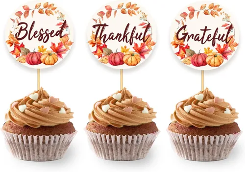 Vista 16 de 24 adornos de otoño para cupcakes para decoración del día de Acción de Gracias, lazo con purpurina para pasteles Thankful Blessed Grateful para Bow-a