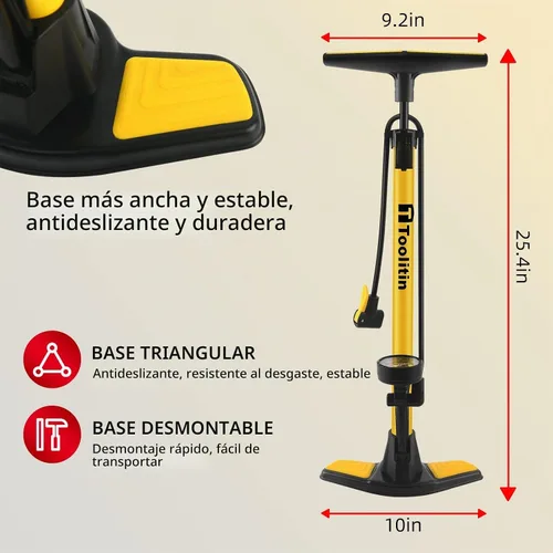 Vista 3 de TOOLITIN Floor Bike Pump with Gauge,High Pressure,Bicycle Pump Compatible with Presta and Schrader Valve,Bike Tire Pump for Road