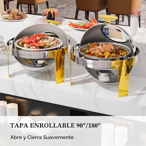 Vista 5 de ROVSUN Platos de Roce con Parte Superior Enrollable para Buffet 6QT, Juego de Platos de Roce Redondos de Acero Inoxidable para Buffet, Juego
