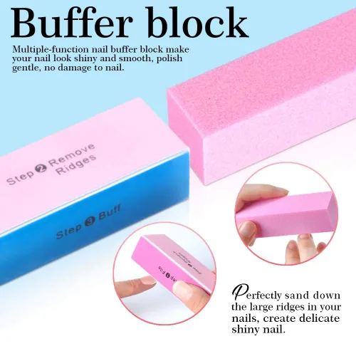 Vista 3 de Lima de uñas rectangular de doble cara y pulidor, esponja de bloque pulido, cepillo de uñas, viene con pinza de cutícula y empujador, kit