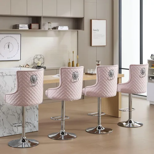 Vista 22 de Juego de 2 taburetes de bar de terciopelo beige con respaldo tuftado alto, anillo de tracción de león, reposapiés de base cromada para isla