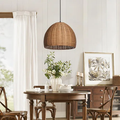 Vista 3 de Arturesthome 1 Luz Lámpara Colgante Tejida a Mano de Ratán, Candelabro Boho Tejido Natural Colgante en el Techo, Lámpara de Araña de Granja Costera