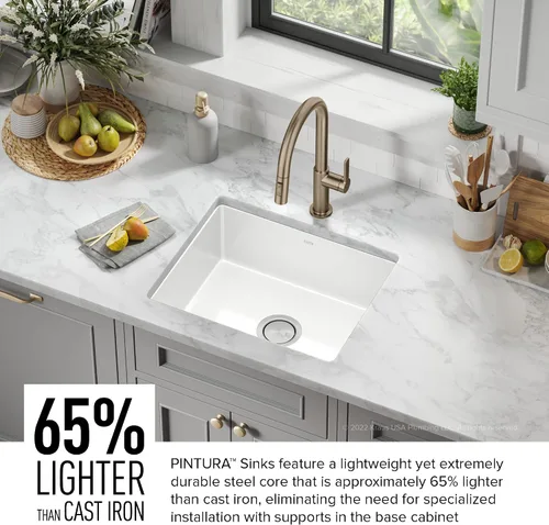Vista 4 de Kraus Pintura Fregadero de cocina de acero con esmalte porcelánico de 21 pulgadas, montura por debajo, cuenco simple, en blanco, KE1US21GWH