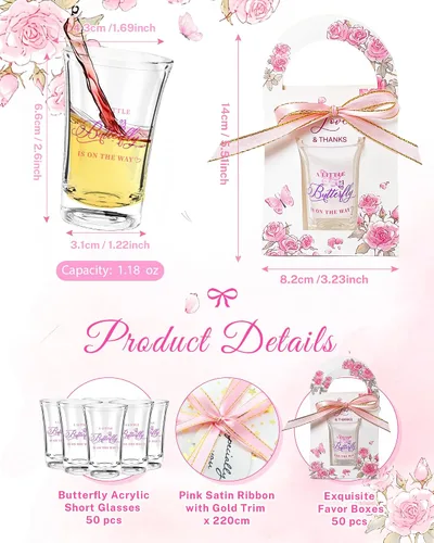 Vista 2 de Regalitos para Baby Shower para Invitados - 50 Juegos Temática de Mariposa Baby Shower una Pequeña Mariposa Está en Camino Vasos de Chupito y Cajas
