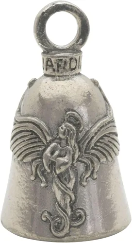 Vista 21 de Guardian Bell Campana religiosa de buena suerte con llavero y bolsa de regalo de terciopelo negro Campana de motocicleta Peltre sin plomo