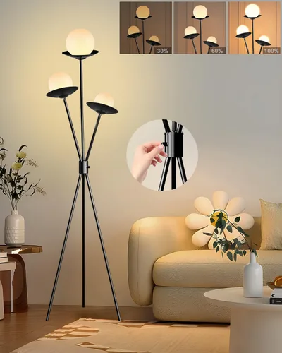 Vista 22 de Lámpara de pie moderna de cristal de 3 luces, lámpara alta de pie dorada con pantalla de vidrio de piña roja profunda, lámpara de pie LED regulable