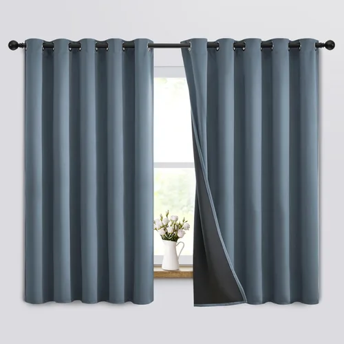 Vista 199 de Yakamok Cortinas 100% opacas para dormitorio, 63 pulgadas de largo, cortinas de bloqueo de luz total con respaldo negro, paneles de ojales sólidos