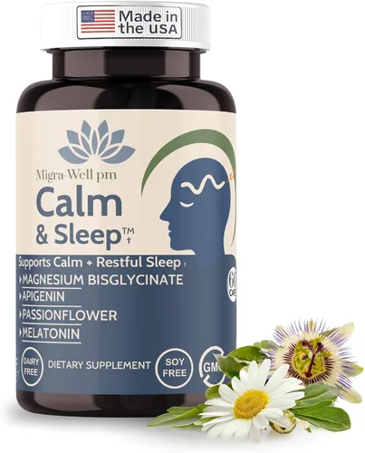 Vista 2 de Wellkasa Migra-Well PM - Ayuda para dormir para adultos, bisglicinato de magnesio con apigenina y pasiflora para calma, sueño profundo y apoyo