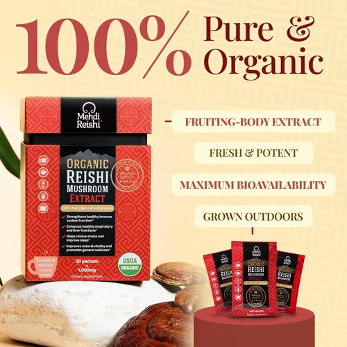Vista 3 de Extracto de hongo Reishi orgánico en polvo para el cuerpo fructífero 35% beta glucano - 100% puro, premium y orgánico - 30 porciones - Ganoderma