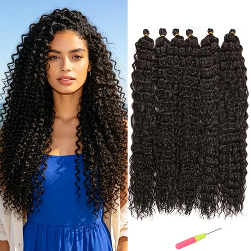 Vista 39 de Extensiones de cabello ondulado con ganchillo Ocean Wave de 18 pulgadas, 6 paquetes, extensiones de cabello de ganchillo sueltas de onda profunda #1B