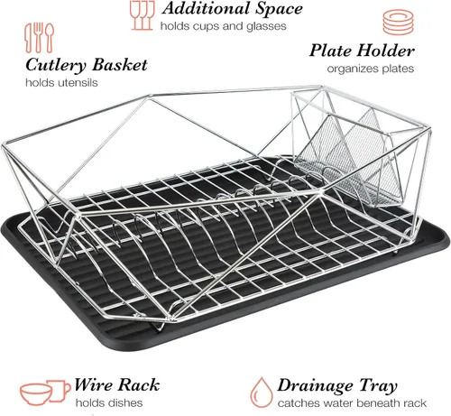 Vista 4 de Kitchen Details Geode Deluxe - Escurridor de platos con tabla de drenaje, cesta para cubiertos, soporte para utensilios, marco de hierro, cromado