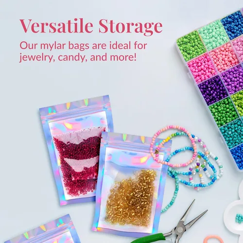 Vista 2 de Prestee Paquete de 100 bolsas de Mylar de 4 x 6 pulgadas, bolsas holográficas resellables con ventana, bolsa de Mylar a prueba de olores