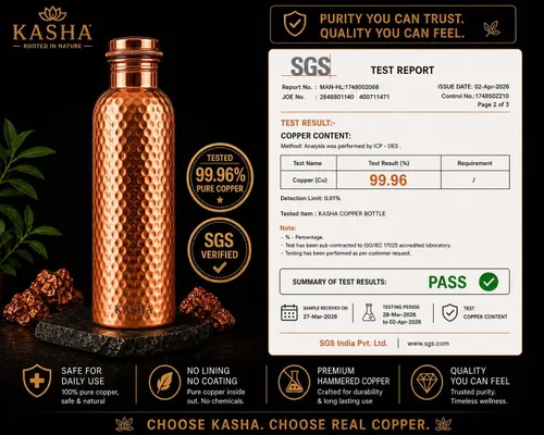 Vista 3 de KASHA Ayurvedic - Botella de agua de cobre puro 99.96% para agua potable, probada en laboratorio, 32 onzas, botella de agua de cobre puro a prueba