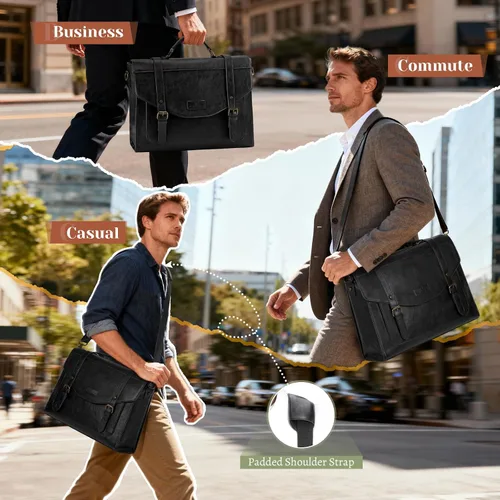 Vista 4 de RAINSMORE Bolso bandolera con solapa para hombre, de piel sintética vintage, estilo retro, de 15.6 pulgadas, con cartera, para laptop