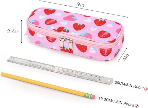 Vista 2 de Lapicera para niñas, estuche con divisiones múltiples para lápices, diseño de fresas color rojo