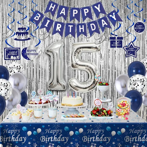 Vista 6 de Decoraciones de cumpleaños número 15 para niños y niñas azul plateado, pancarta de decoraciones de feliz cumpleaños número 15, globos de cumpleaños
